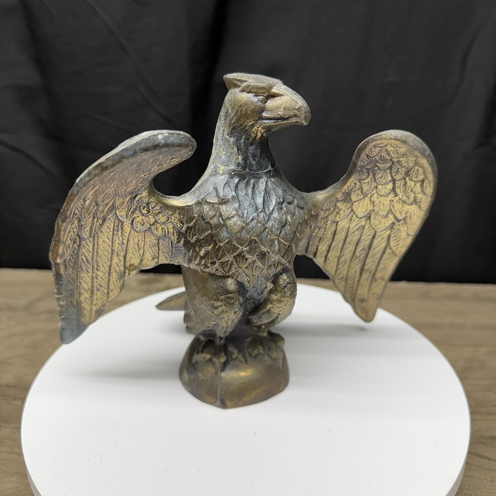 Vintage Brass Heavy American Eagle Flagpole Topper 6” H x 6.5” W Patriotic Decor